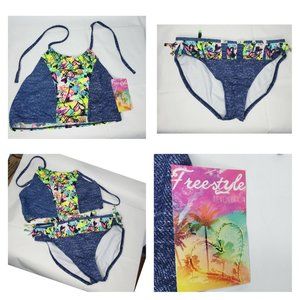 Freestyle Revolution Denim Multi Colored 2 Piece Girls Swimsuit Set Style #7927